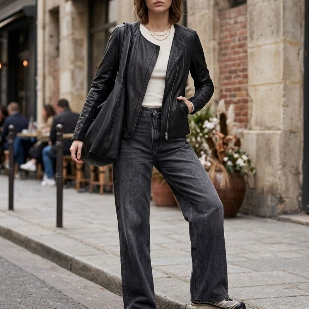 Trouvé Collarless Black Leather Moto Jacket with Ribbed Knit Panels M